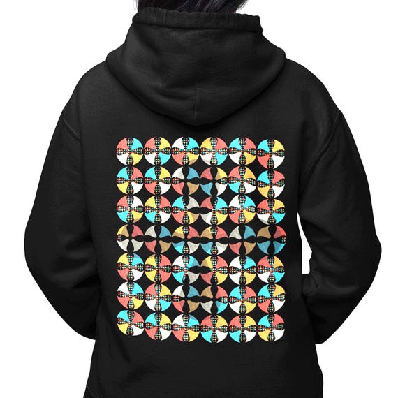 Abstract Geometric Tabono Hoodie, Optical Illusion Adinkra Pattern Pullover Front and Back