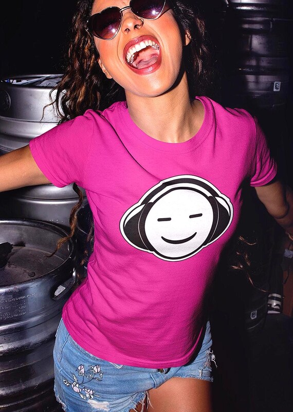 Headphone Happy Face Womens T-Shirt, Music Lovers