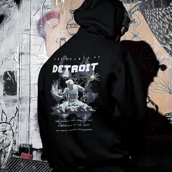 Spirit of Detroit Back Print Hoodie, Monument Graphic Pullover Sweatshirt