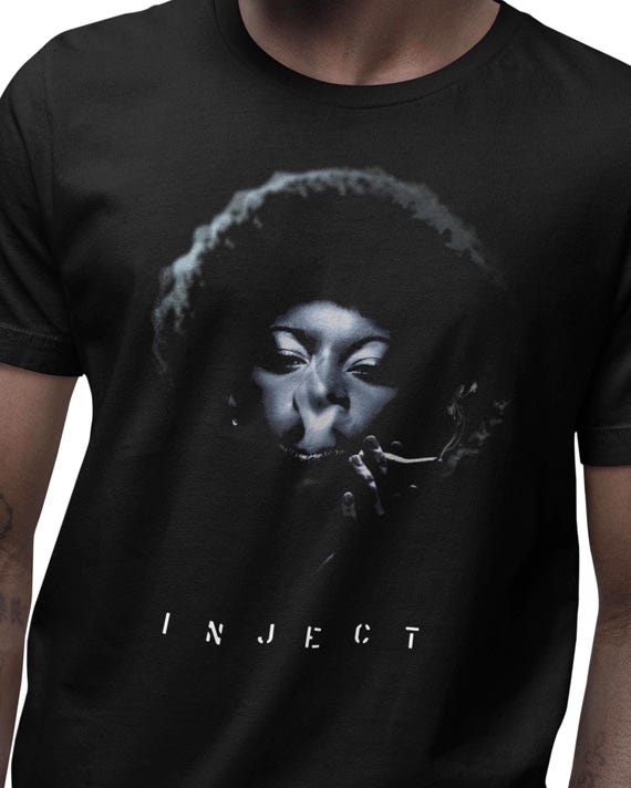 INJECT Graphic T-Shirt, Inhaling Smoke Afro Portrait Tee, Dark Indie Streetwear Art