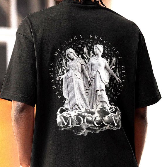 Detroit City Seal Flag Boxy T-Shirt , Rise from the Ashes, Gothic Statue Streetwear Graphic T-Shirt