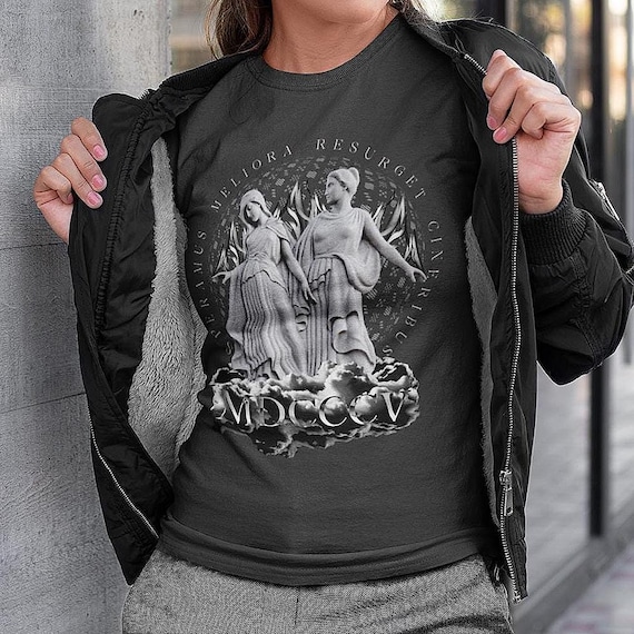 Detroit City Seal Flag T-Shirt , Rise from the Ashes, Gothic Statue Streetwear Graphic T-Shirt