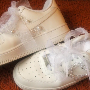 custom bridal sneakers, pearl wedding shoes, lace ribbon Nikes, rhinestone Air Force 1s, personalized bride shoes, shoes, cute shoes
