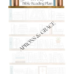 May include: A printable 365-day Bible reading plan, designed to resemble a bookshelf. The plan is organized chronologically, with months and book titles labeled. The top shelf features a collection of decorative books. The Etsy shop name is visible at the bottom.
