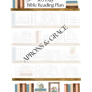 May include: A decorative print featuring a 365-day Bible reading plan, designed as a bookshelf. The print includes the text "Chronological 365 Day Bible Reading Plan" and "Aprons & Grace". The design incorporates stacks of books and a framed floral print.