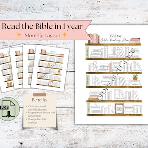 May include: A printable 365-day Bible reading plan with a monthly layout. The design features a bookshelf with book titles and a small plant. The text reads "Read the Bible in 1 year" and "Monthly Layout". Includes a PDF download.
