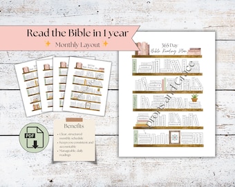 May include: A printable 365-day Bible reading plan with a monthly layout. The design features a bookshelf with book titles and a small plant. The text reads "Read the Bible in 1 year" and "Monthly Layout". Includes a PDF download.