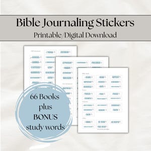 May include: Bible journaling stickers featuring printable digital download sheets with blue text labels for the 66 books of the Bible and bonus study words like prayer, praise, and reflect, organized in columns on white rectangular paper sheets.