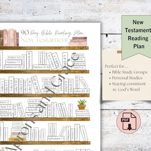 May include: A printable 90-day Bible reading plan featuring a bookshelf design. The New Testament reading plan includes books such as Matthew, Mark, Luke, and John. A green banner reads "New Testament Reading Plan".