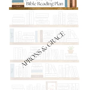 May include: A watercolor-style Bible reading plan with the text "Chronological 365 Day Bible Reading Plan." The design features bookshelves with book titles and the words "Aprons & Grace."
