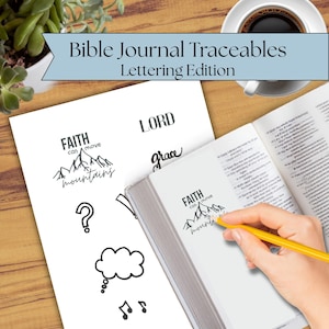 May include: A white sheet of paper featuring black line art designs including the text "FAITH can move mountains", "LORD", and "grace", along with a question mark, a thought bubble, and musical notes, with a yellow pencil tracing the design.