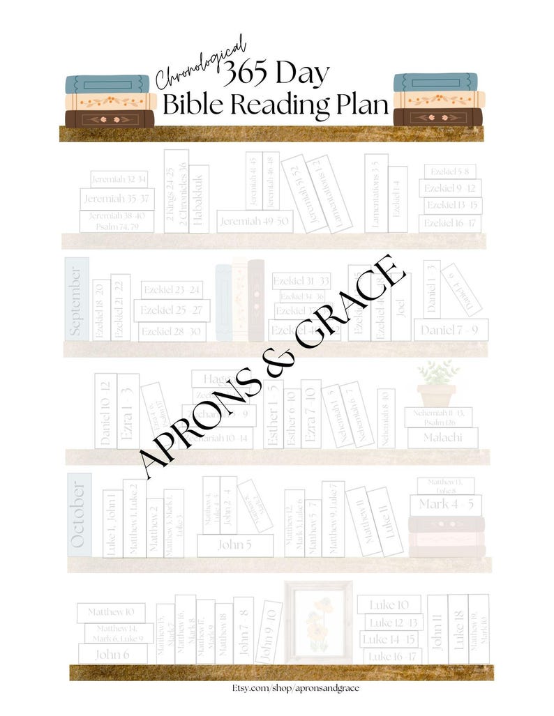 May include: A white Bible reading plan with a bookshelf design. The plan is titled "Chronological 365 Day Bible Reading Plan" and includes the text "Aprons & Grace." The plan is organized by month and lists Bible verses.