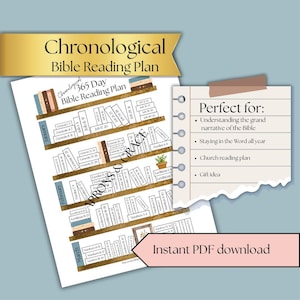 May include: A printable Bible reading plan with the title "Chronological Bible Reading Plan" in gold lettering. The design features a bookshelf with book titles and a "365 Day Bible Reading Plan" label. Includes the text "Instant PDF download".