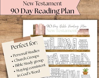 May include: A printed New Testament 90 Day Reading Plan featuring a bookshelf illustration with book spines labeled by Bible chapters. A beige note is attached with the text: Perfect for: Personal Studies, Church Groups, Bible Study group, Staying consistent in God's Word.