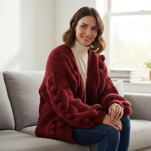 Chunky Knit Cardigan Women | Oversized Cozy Grey Cardigan | Cable Knit Sweater Jacket | TikTok Cozy Outfit | Winter Gift for Her Wine Red