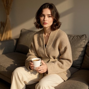 May include: A woman wearing a beige knit cardigan and cream-colored pants sits on a gray sofa, holding a white mug of coffee. The cardigan has a wrap-around design. The room is lit by natural light.