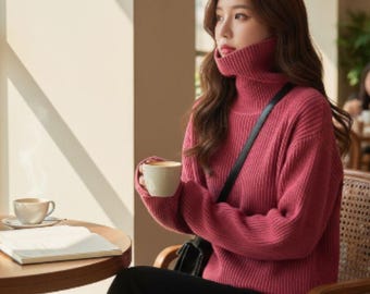 Chunky Knit Turtleneck Sweater, Cozy Winter Knitwear, Oversized Warm Jumper for Women,Soft Minimalist Pullover, Fall Winter Outfit Must-Have
