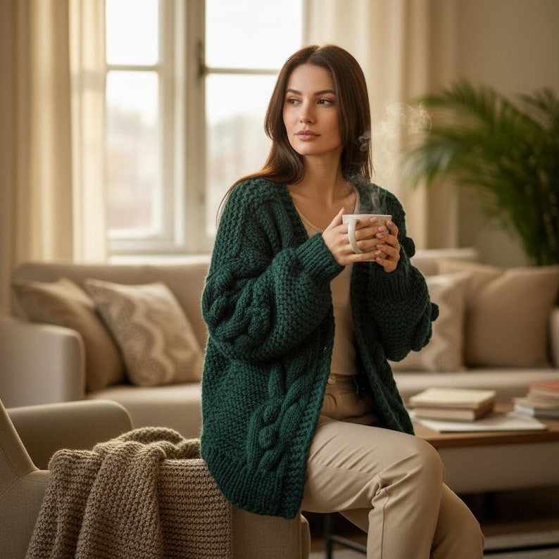 May include: A dark green cable-knit cardigan with long sleeves. The open-front sweater is worn over a light-colored top and paired with tan pants. A person is holding a white mug with steam rising from it.