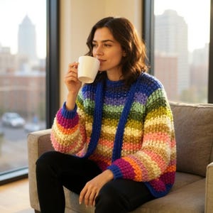 Könnte beinhalten: Ein gemütlicher, regenbogenfarbener Pullover mit blauem Besatz und Ärmeln. Der Pullover wird von einer Person getragen, die auf einem grauen Sofa sitzt und eine weiße Tasse hält. Die Farben des Pullovers sind Rosa, Orange, Gelb, Grün und Lila.
