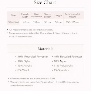 May include: Size chart with measurements in centimeters for a garment. Includes shoulder width, bust circumference, sleeve length, and length. The material composition is listed as recycled polyester, nylon, acrylic, wool, polyacrylic, and spandex.