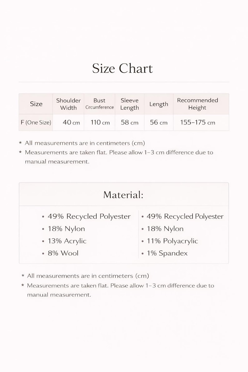 May include: Size chart with measurements in centimeters for a garment. Includes shoulder width, bust circumference, sleeve length, and length. The material composition is listed as recycled polyester, nylon, acrylic, wool, polyacrylic, and spandex.