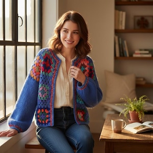 May include: A blue crochet jacket with colorful square patterns on the front and sleeves. The jacket has a round neckline and is worn over a cream-colored blouse and blue jeans. The sleeves are a solid blue color.