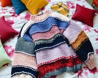 Handmade Chunky Knit Jumper, Color Block Wool Sweater, Oversized Cozy Pullover, Rainbow Patchwork Knitwear, Winter Statement Sweater