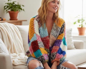 Cozy Chunky Knit Cardigan, Colorful Winter Loungewear, Boho Soft Girl handmade knit Sweater, Cozy knit jumper UK Handmade Style Gift for Her