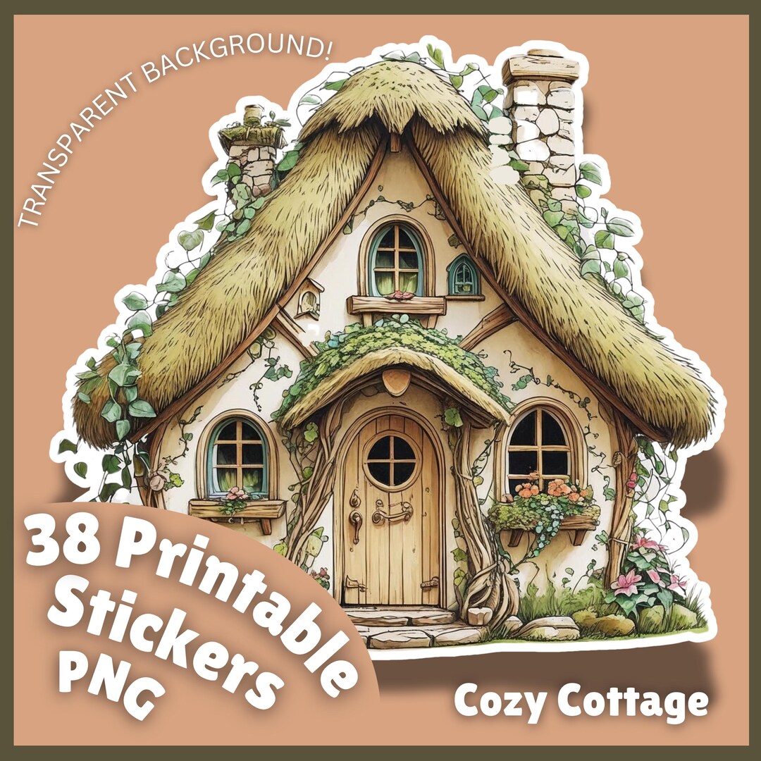 Cozy Cottage Printable Stickers-38 Pngs (29 Color and 9 B&W). DIY PNG ...