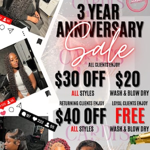 May include: An advertisement for a hair salon's anniversary sale. The image features multiple women with various hairstyles, along with text indicating discounts on services like styling and wash & blow dry. The text includes "3 YEAR ANNIVERSARY SALE".