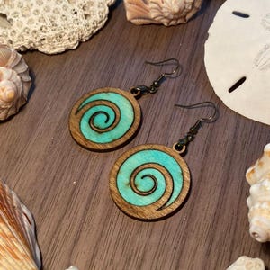Driftwood Spiral (Teal Golden Oak) - Boho Wood Earrings