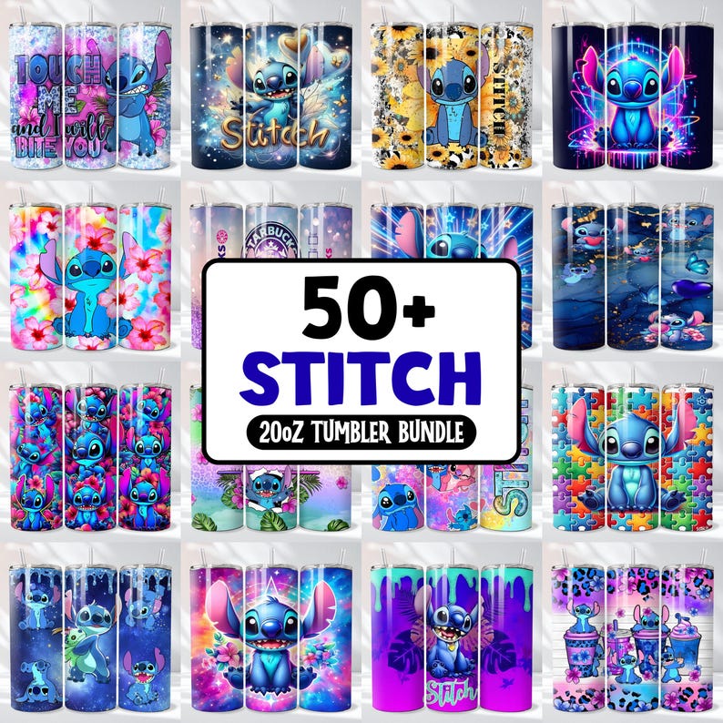 Stitch Tumbler Wrap PNG Bundle, 3D Cartoon Design (Digital Download) image 1