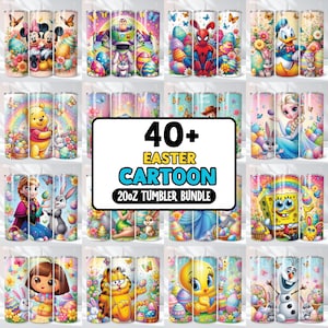 Pode incluir: Uma coleção de canecas de 20oz com personagens de desenhos animados com tema de Páscoa. Os designs incluem Mickey Mouse, Buzz Lightyear, Homem-Aranha, Ursinho Pooh, Elsa e Dora. As canecas são decoradas com ovos de Páscoa, flores e borboletas. O texto "40+ EASTER CARTOON 20oz TUMBLER BUNDLE" é exibido.