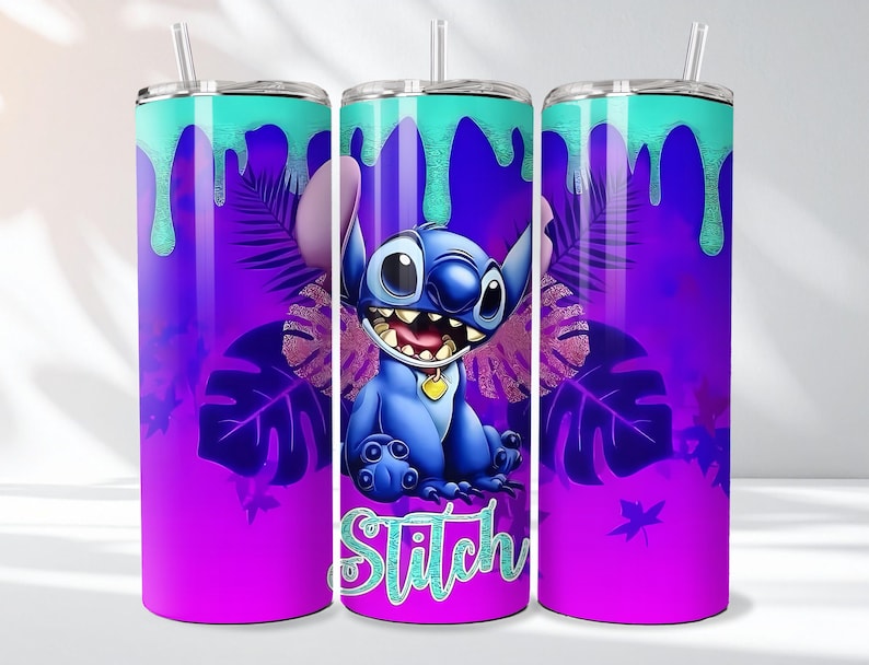 May include: A tumbler featuring a vibrant design with a cartoon character. The tumbler has a teal top with dripping paint effect, a purple and pink gradient background, and a blue character with the word "Stitch". Includes a straw.