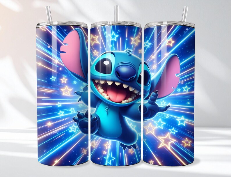 May include: A stainless steel tumbler featuring a vibrant illustration of the character Stitch from Lilo & Stitch. The design includes a smiling Stitch against a blue background with star and light ray accents. Includes a straw.