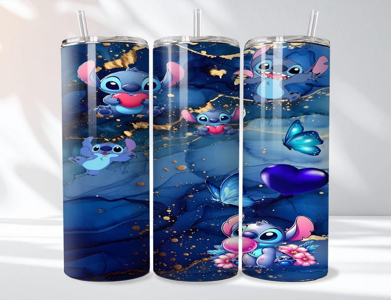 May include: Three stainless steel tumblers with a blue and gold abstract design. Each tumbler features the cartoon character Stitch, with hearts and butterflies. The tumblers have a straw and are decorated with flowers.