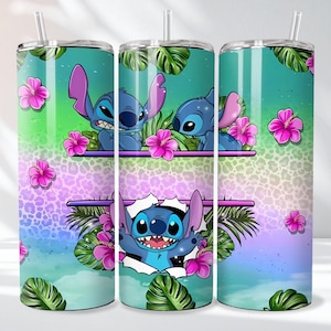 May include: A stainless steel tumbler featuring a colorful design with the character Stitch from Lilo & Stitch. The tumbler has a gradient background of green, blue, and purple with pink flowers and tropical leaves. The design includes multiple images of Stitch.