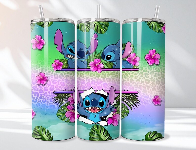 May include: A stainless steel tumbler featuring a colorful design with the character Stitch from Lilo & Stitch. The tumbler has a gradient background of green, blue, and purple with pink flowers and tropical leaves. The design includes multiple images of Stitch.
