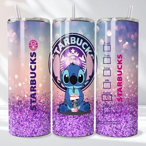 May include: A stainless steel tumbler with a glittery purple and pink gradient design. The tumbler features a cartoon image of Stitch from Lilo & Stitch, along with the Starbucks logo and text. Includes a straw.