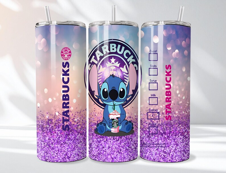 May include: A stainless steel tumbler with a glittery purple and pink gradient design. The tumbler features a cartoon image of Stitch from Lilo & Stitch, along with the Starbucks logo and text. Includes a straw.