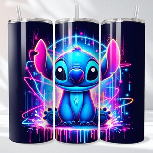 May include: Three navy blue insulated tumblers with a vibrant cartoon illustration of Stitch. The design features Stitch in shades of blue, with pink and purple neon accents. Each tumbler has a silver straw.