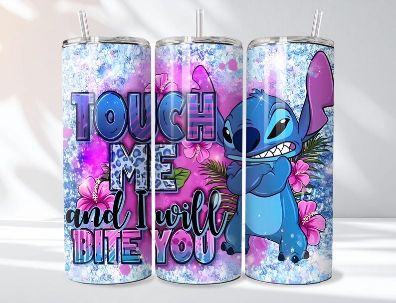 May include: A blue and purple tumbler featuring the character Stitch from Lilo & Stitch. The tumbler has the text "Touch Me and I Will Bite You" with pink hibiscus flowers and a blue glitter background.