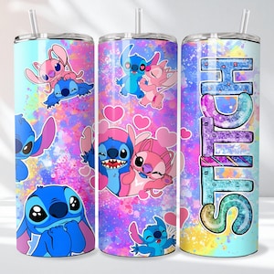May include: Three stainless steel tumblers with colorful designs featuring the character Stitch. The tumblers have a straw and are decorated with Stitch and Angel in various poses, with the word "Stitch" on one tumbler.