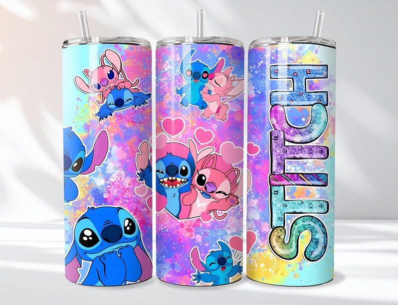 May include: Three stainless steel tumblers with colorful designs featuring the character Stitch. The tumblers have a straw and are decorated with Stitch and Angel in various poses, with the word "Stitch" on one tumbler.