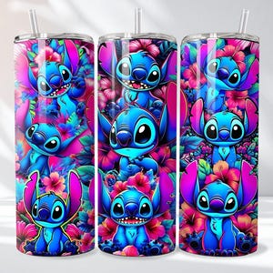 May include: Three stainless steel tumblers with a vibrant design featuring the character Stitch from Lilo & Stitch. The tumblers showcase Stitch amidst a colorful floral background with pink, purple, and blue hues, and include a straw.