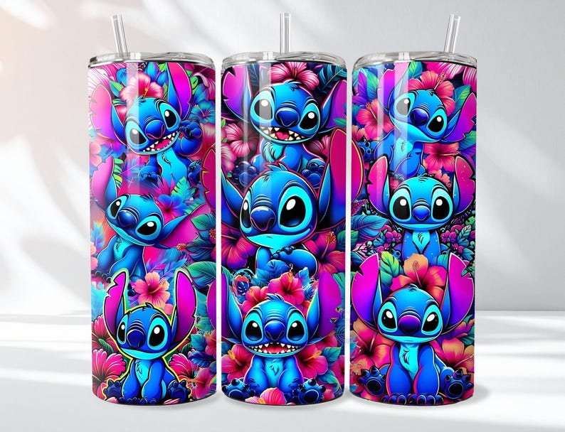 May include: Three stainless steel tumblers with a vibrant design featuring the character Stitch from Lilo & Stitch. The tumblers showcase Stitch amidst a colorful floral background with pink, purple, and blue hues, and include a straw.