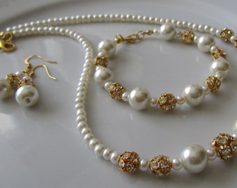 Ivory Pearl  Bridal Jewelry Set, Wedding Jewelry Set With Golden Crystals, Gift For Her, Bridesmaids Gift, Wedding Jewelry Sets For Brides