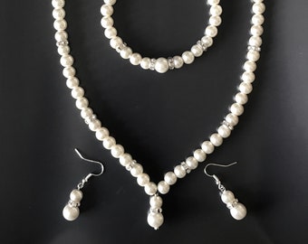 Beaded Bride Jewelry Set, Gift For Her, Custom Jewelry Set, Ivory Pearl Jewelry Set, Crystal Jewelry