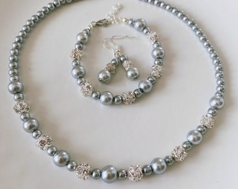 Grey Pearl Jewelry Set, Wedding Jewelry Set, Gift for Her, Handmade gift, Gray Pearl Necklace