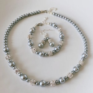 Gray Pearl Jewelry Set, Rhinestone Ball Necklace, Bracelet and Earrings,